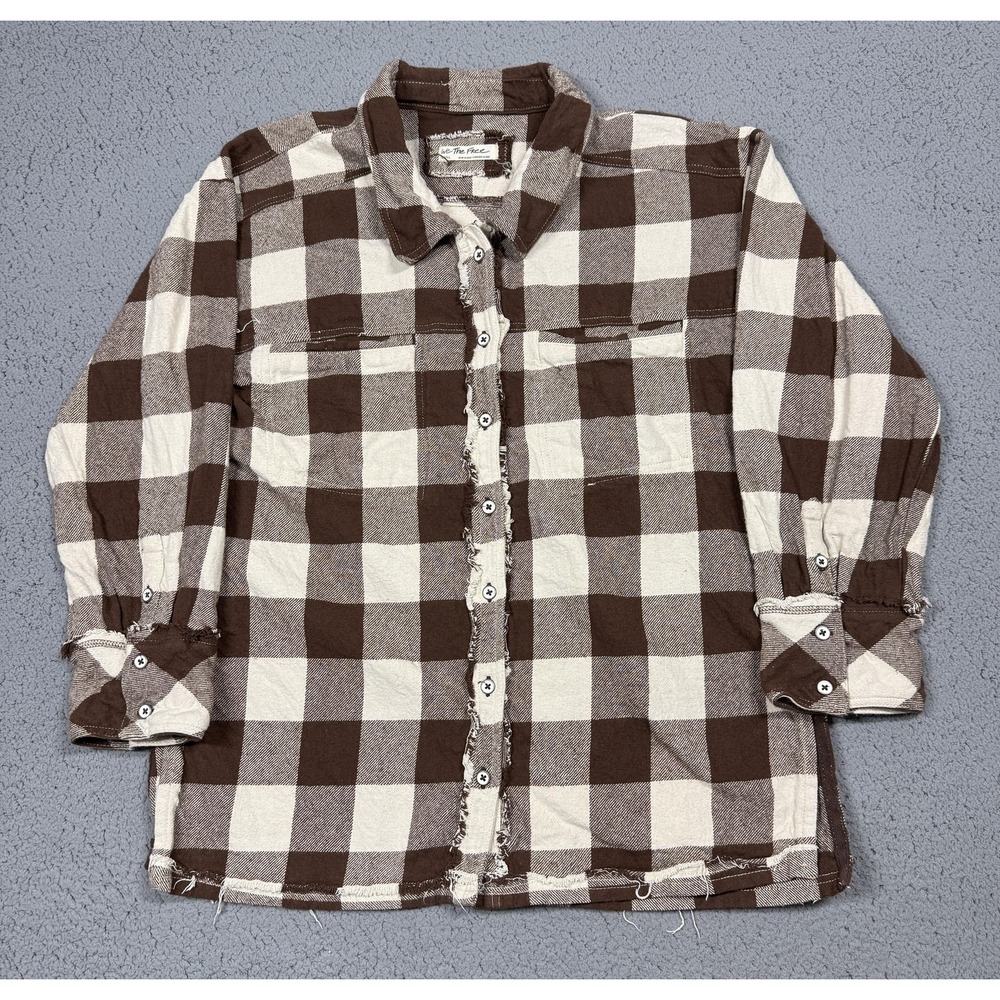 We The Free Shirt Womens Small Brown Plaid Long Sleeve Flannel Button Up Relaxed